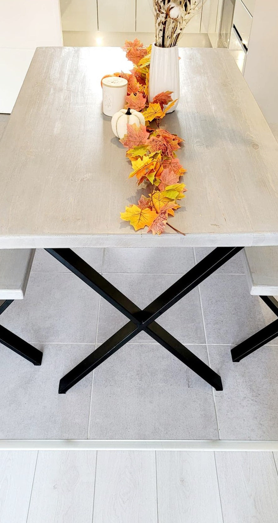 Dining Table and Matching Benches with Cross X Legs - Washed Grey Finish