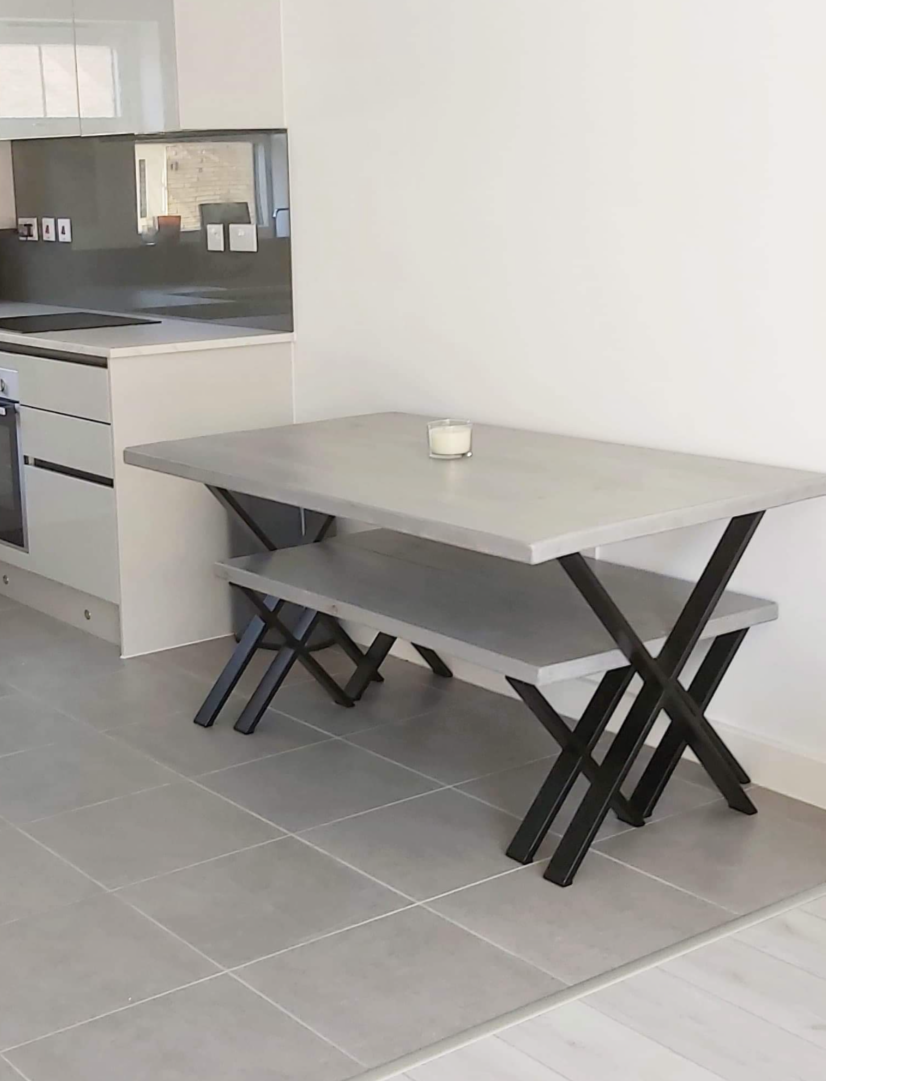 Dining Table and Matching Benches with Cross X Legs - Washed Grey Finish
