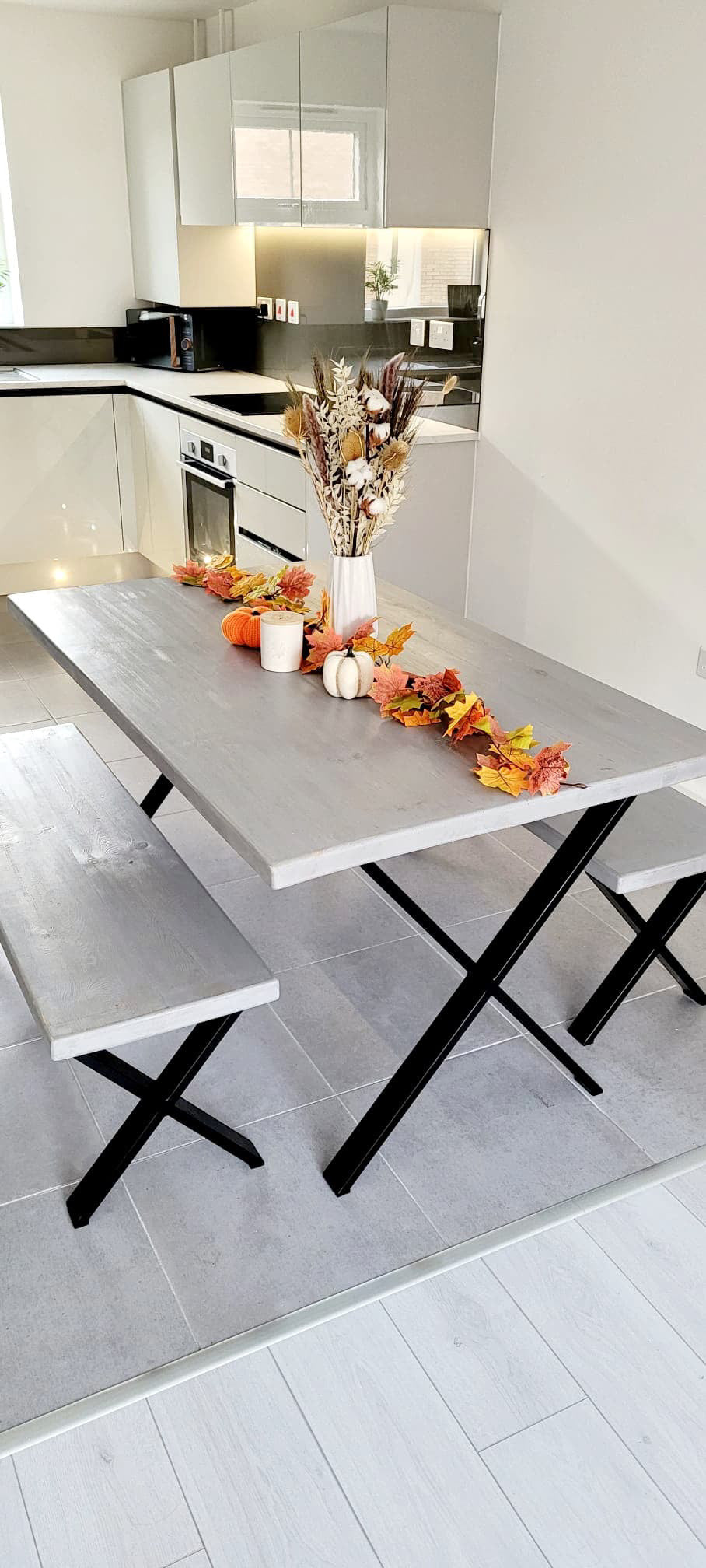 Dining Table and Matching Benches with Cross X Legs - Washed Grey Finish