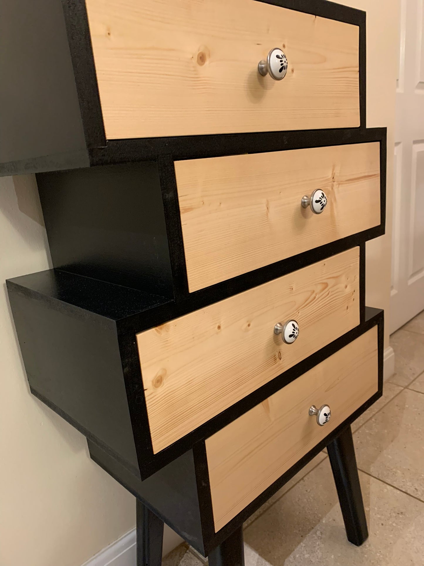 Zig Zag Offset Drawers in Black with Natural Fronts