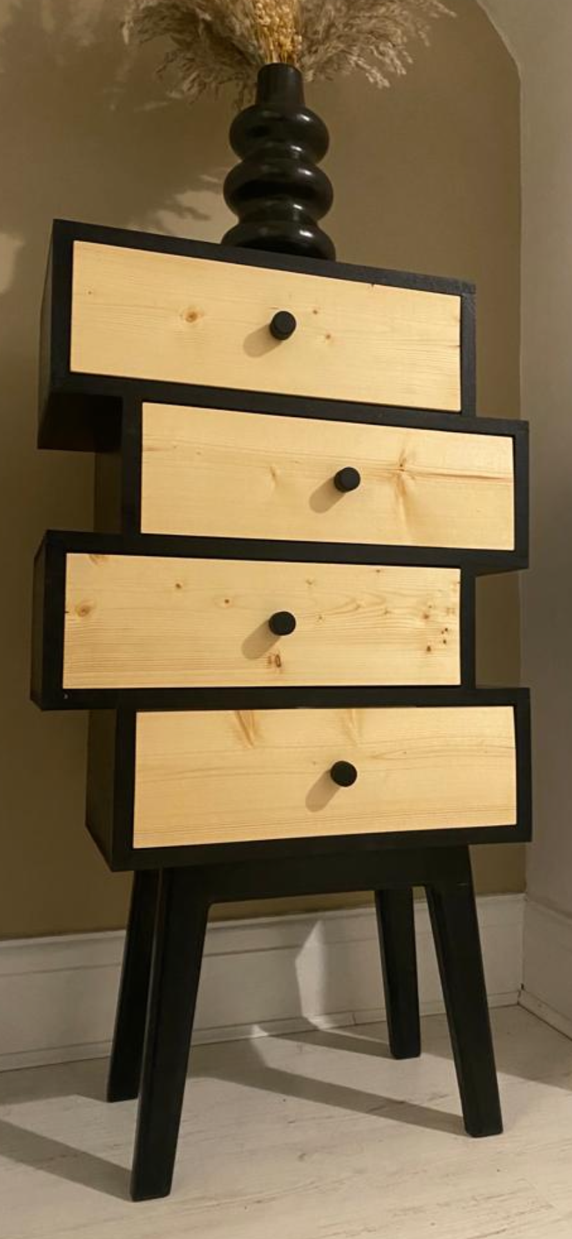 Zig Zag Offset Drawers in Black with Natural Fronts
