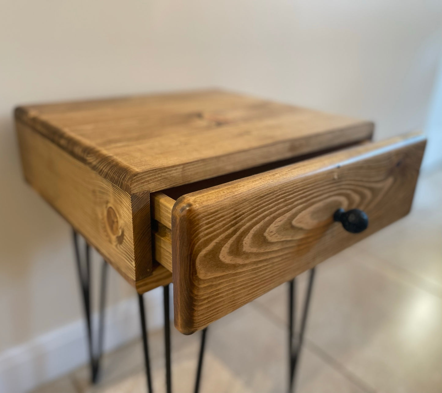 Side / Bedside Table with Single Drawer and Hairpin Legs