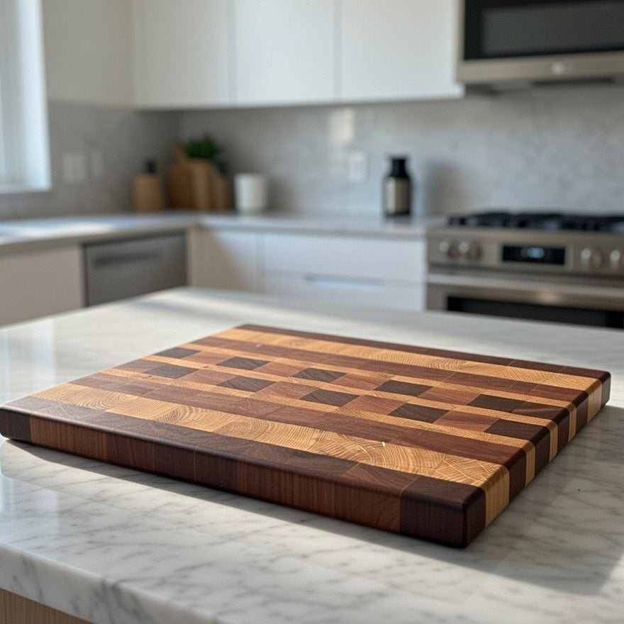 Handmade end grain chopping board with checkerboard pattern on white quartz kitchen worktop