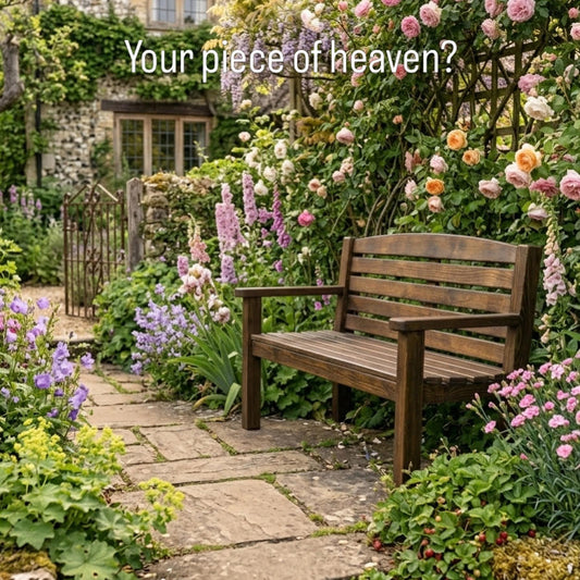 Handmade dark oak garden bench in a peaceful outdoor setting — Whaley Woodworks