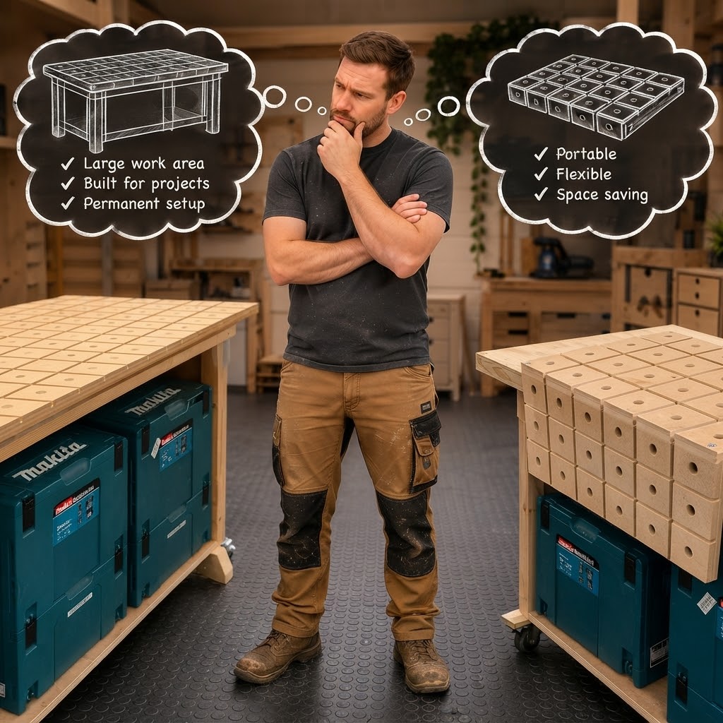 A woodworker standing in a workshop, looking thoughtfully between a large permanent workbench on the left and a modular, portable HDS hold-down system setup on the right, flanked by speech bubbles highlighting their features.