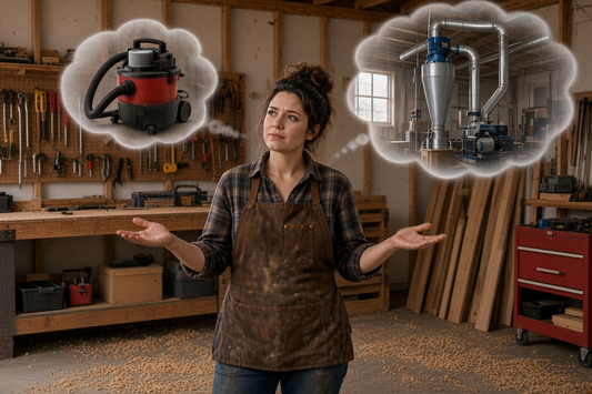 Woodworker comparing a shop vacuum and cyclone dust extractor in a small woodworking workshop
