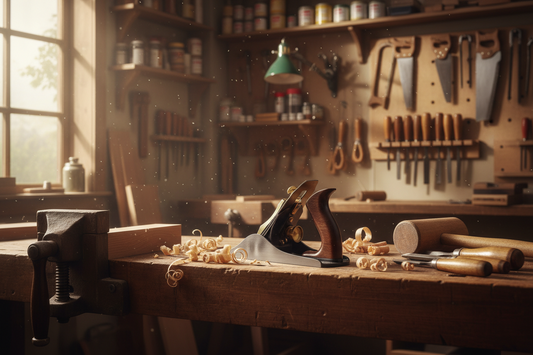 No. 5 hand plane on a traditional woodworking bench in a well-equipped workshop