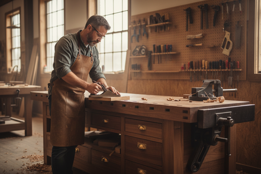 Woodworker planing a timber board on a traditional full-size workbench in a well-equipped workshop.