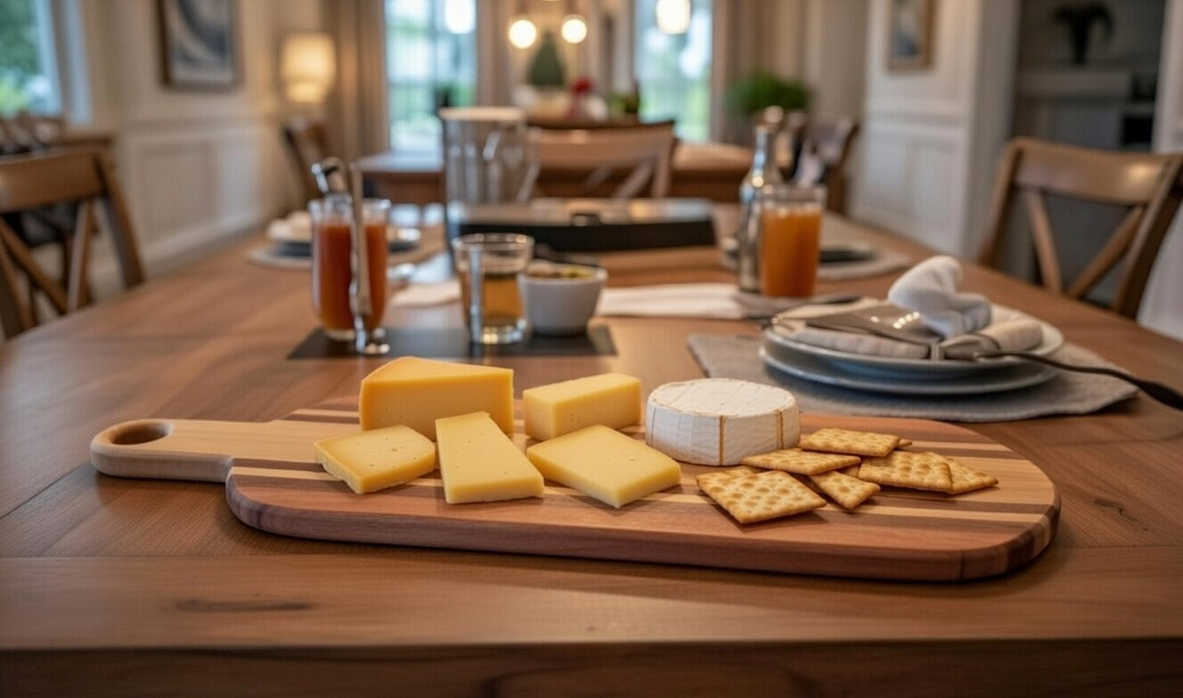 Handmade hardwood charcuterie board styled with cheese, grapes, ham and crackers on a dining table