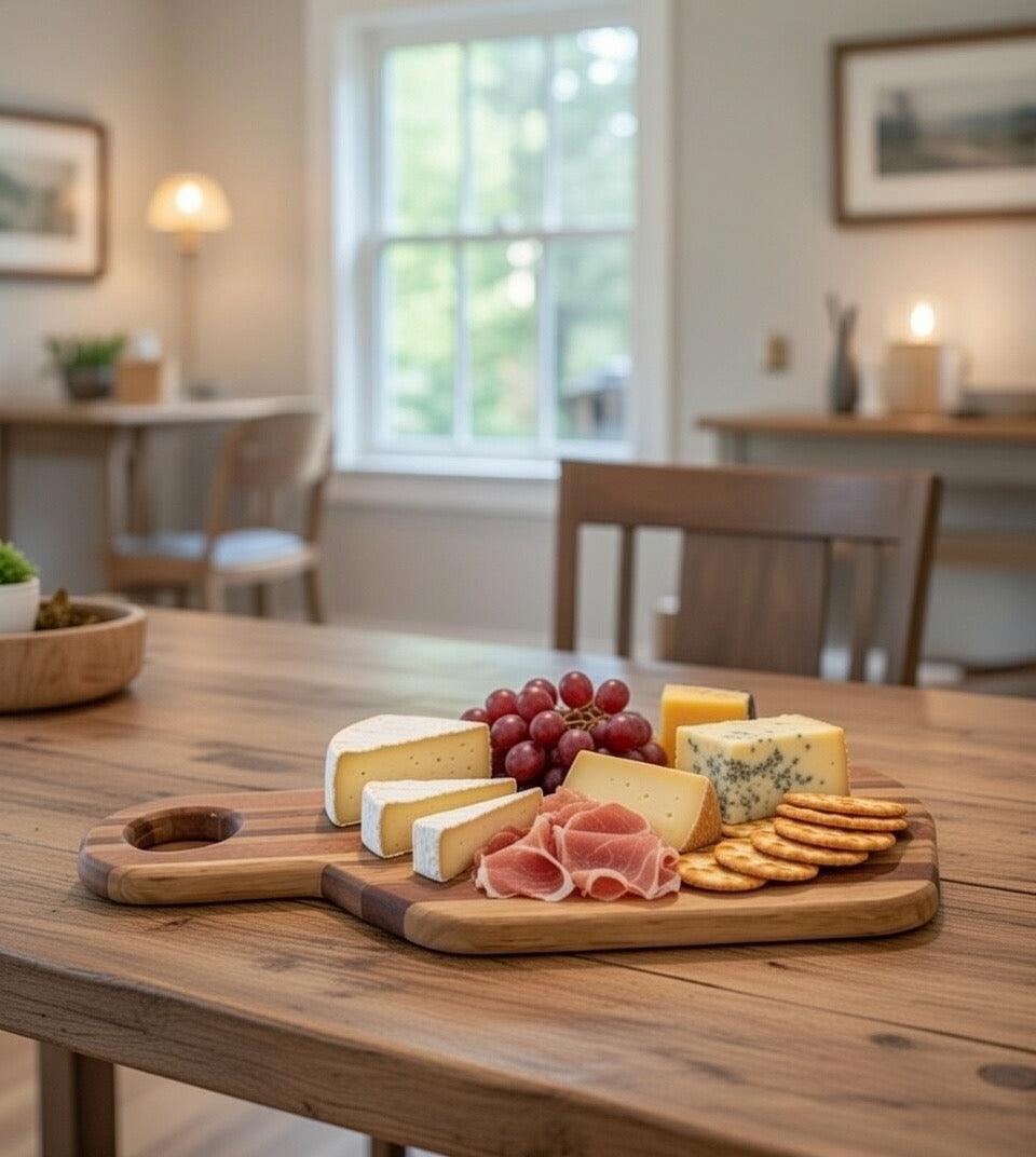 Handmade hardwood charcuterie board with handle, close-up detail shot on kitchen counter