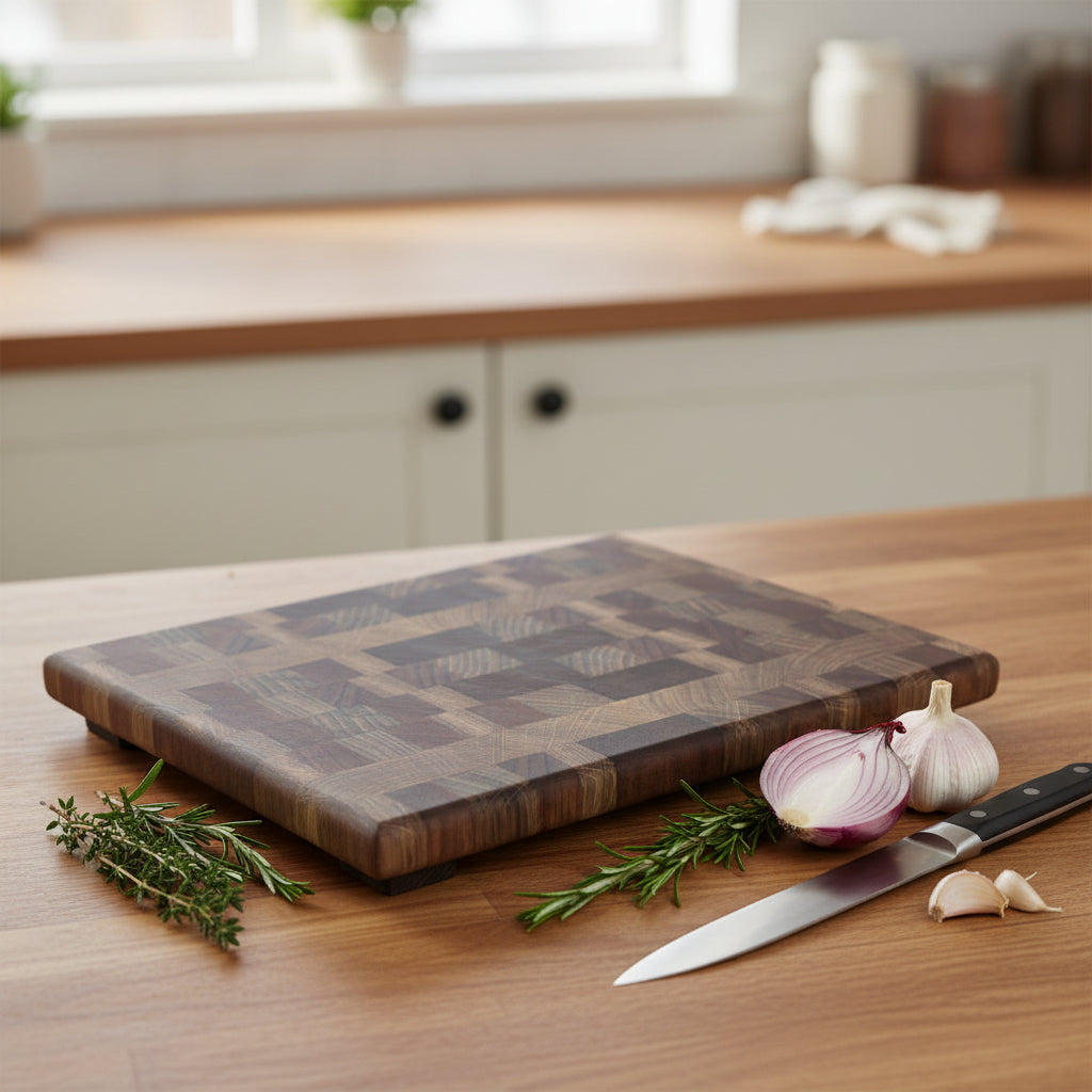 A rectangular wooden cutting board with a geometric parquet-style pattern in dark and medium brown tones, displayed on a tan workbench with a Whaley Woodworks logo in front and a hand plane in the background.