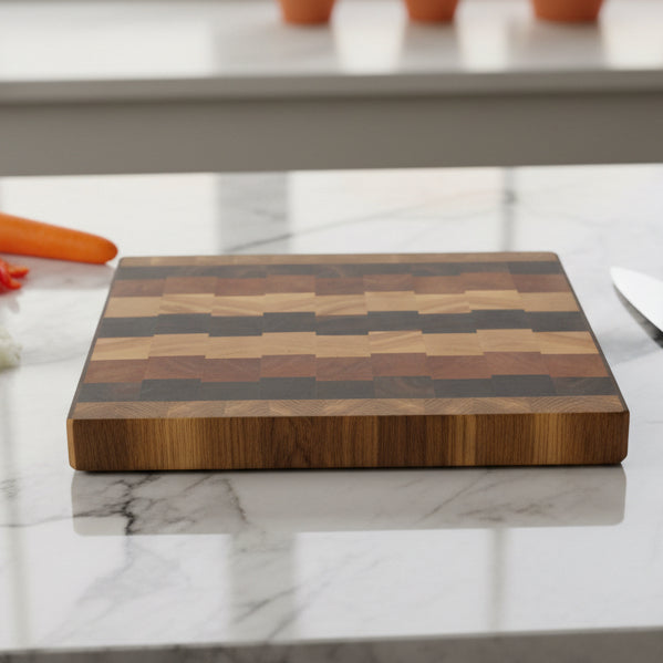 A rectangular wooden cutting board with a geometric block pattern in various wood tones, resting on a matching wooden table.