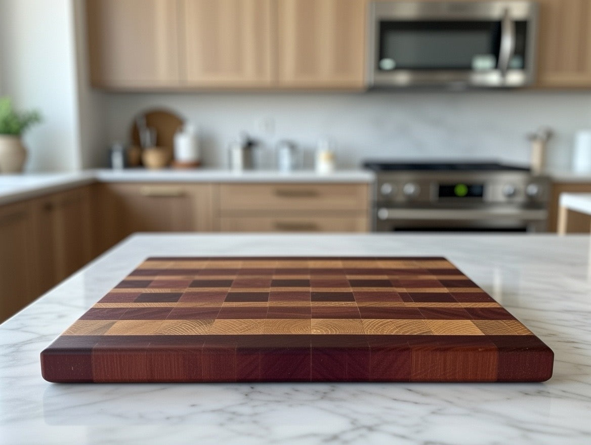 Handmade end grain chopping board with dark checkerboard hardwood pattern on a wooden kitchen worktop