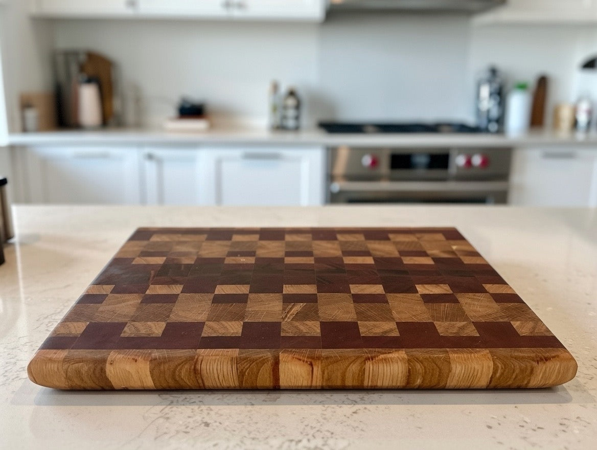 Handmade end grain chopping board with mixed hardwood checkerboard pattern on white quartz worktop