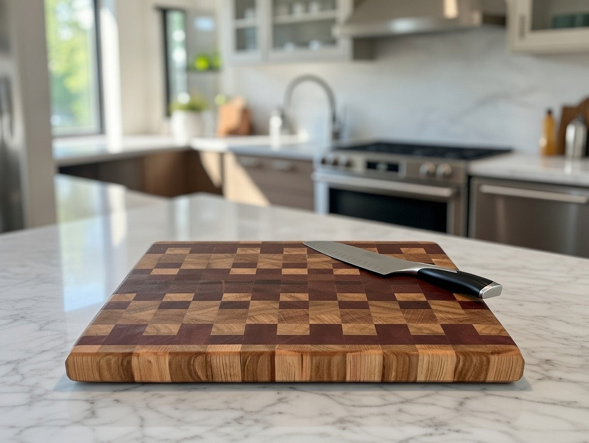 Handmade end grain chopping board with checkerboard pattern and chef's knife on marble kitchen island