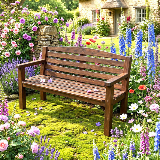 Handmade dark oak garden bench by Whaley Woodworks, front view