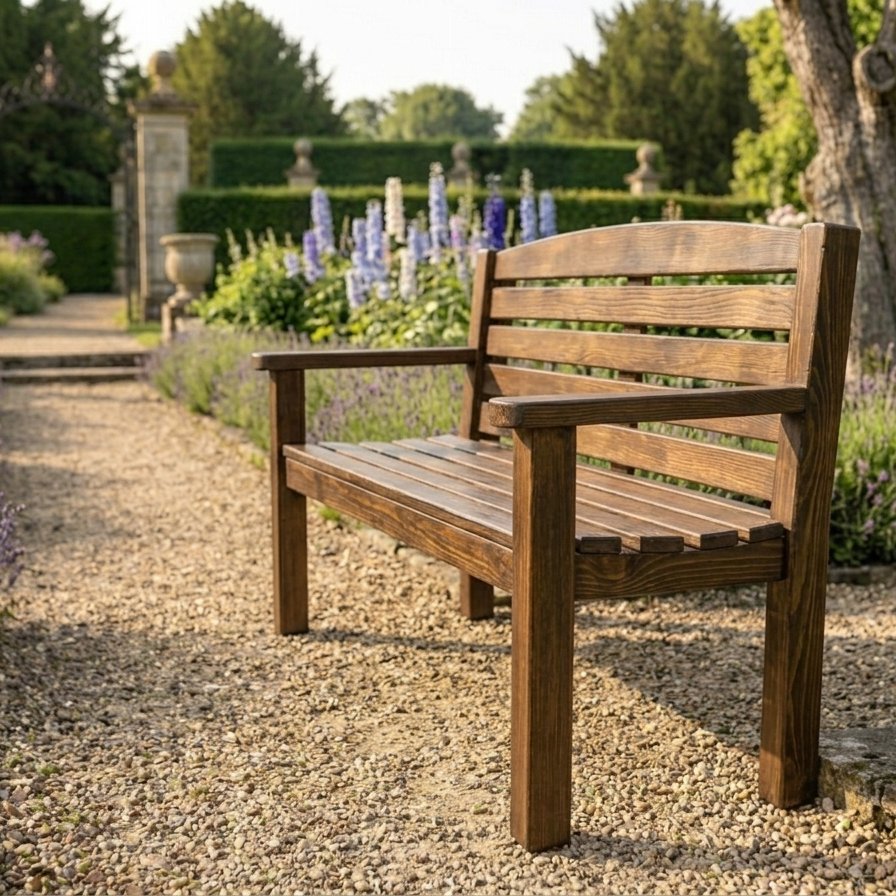 Dark oak garden bench in cottage garden setting, Whaley Woodworks