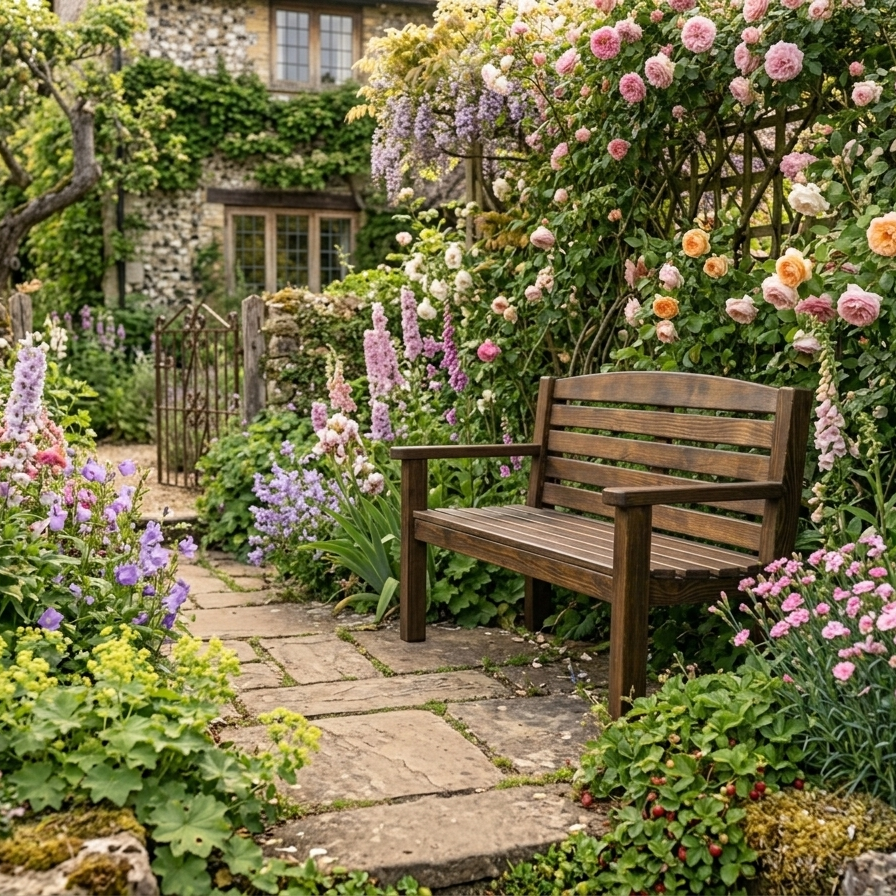Dark oak garden bench in garden, pressure-treated timber side view