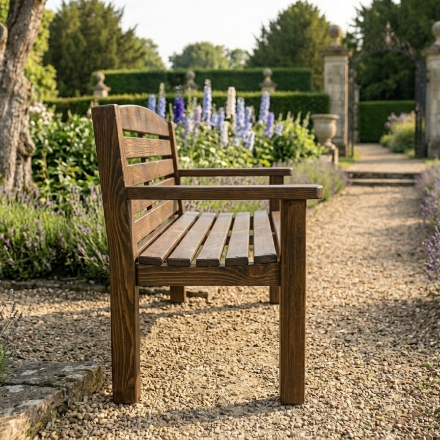 Dark oak garden bench finish detail, weatherproof timber
