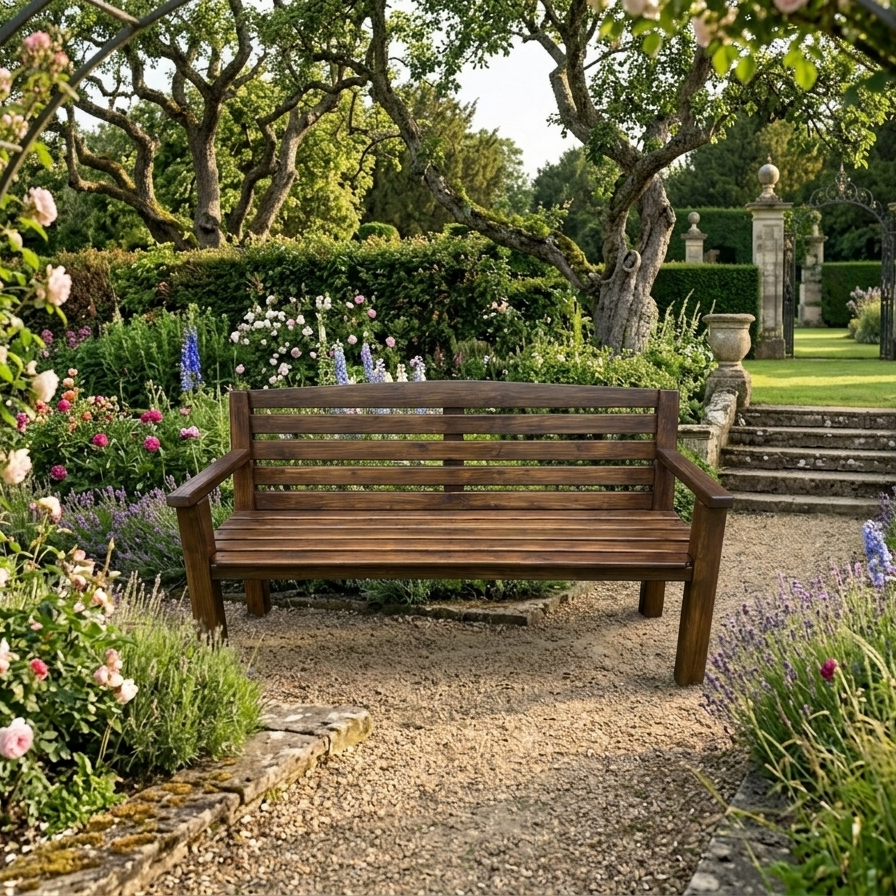 Whaley Woodworks dark oak bench, traditional 3-seater style