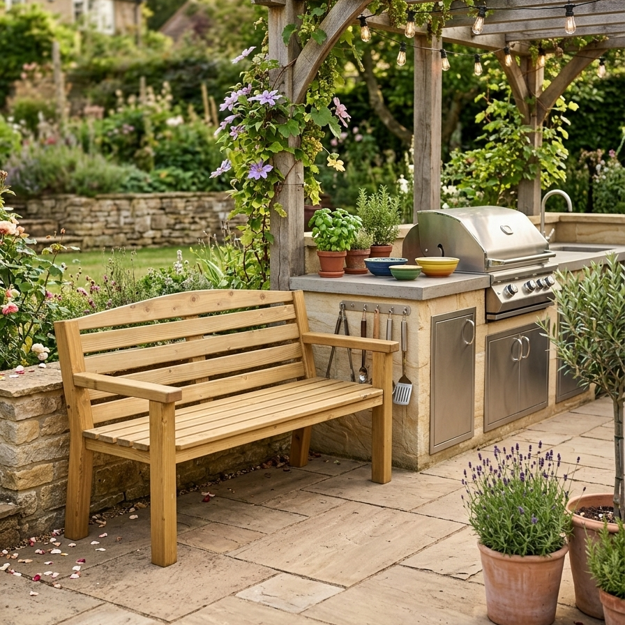 Handmade medium oak garden bench on patio with plants
