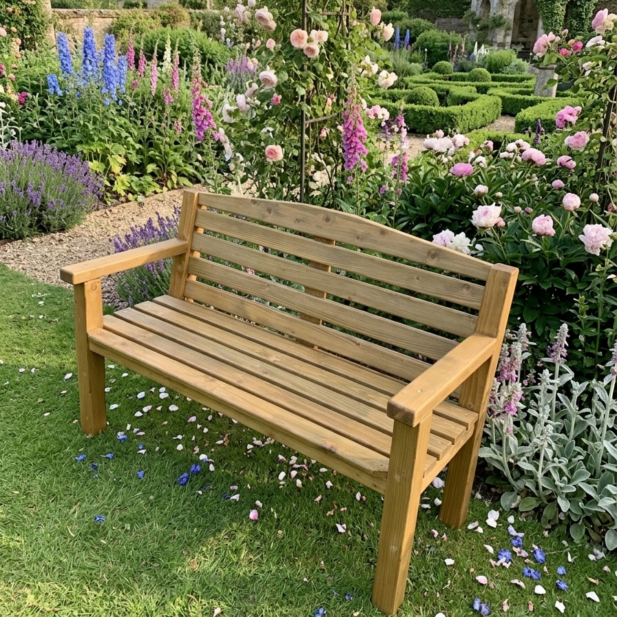Medium oak garden bench in formal garden with stone building