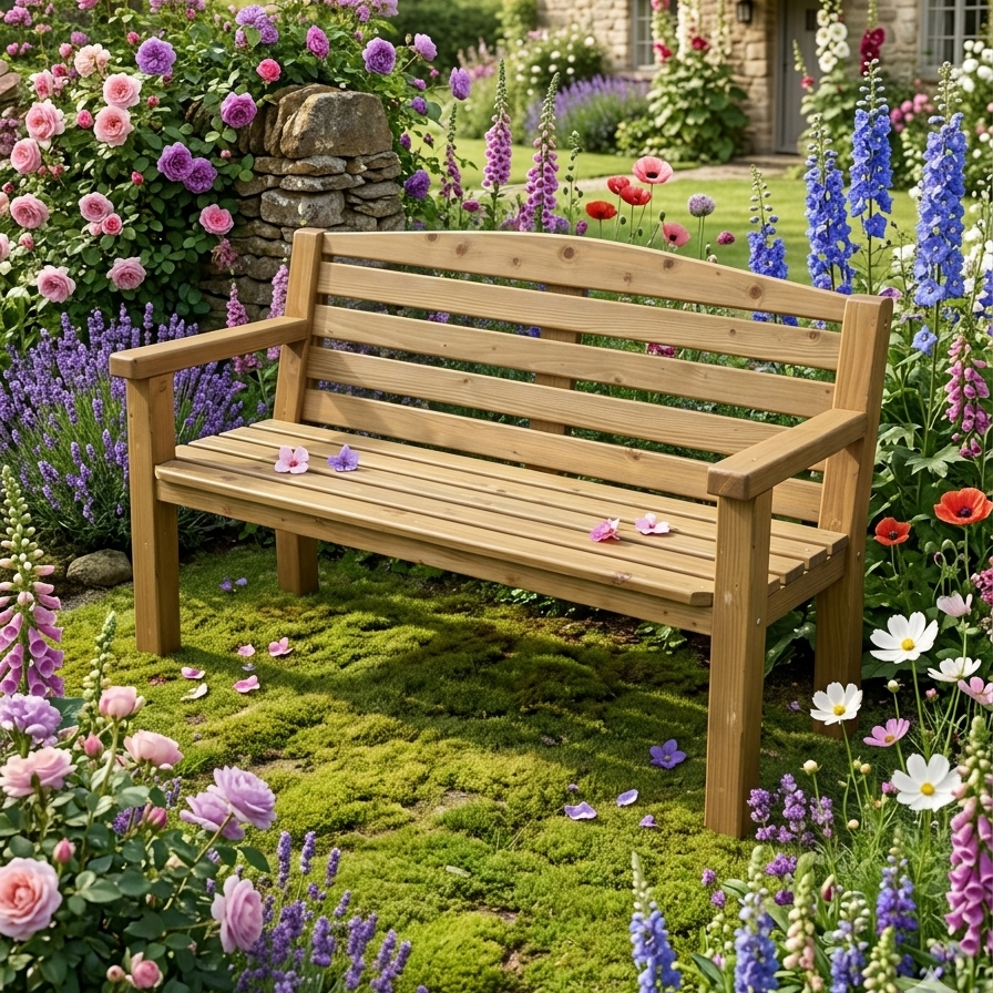 Handmade medium oak garden bench in cottage garden, Whaley Woodworks