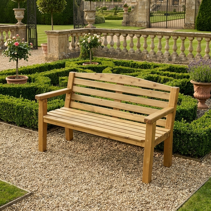 Handmade medium oak bench in formal garden with ornate gates, Whaley Woodworks