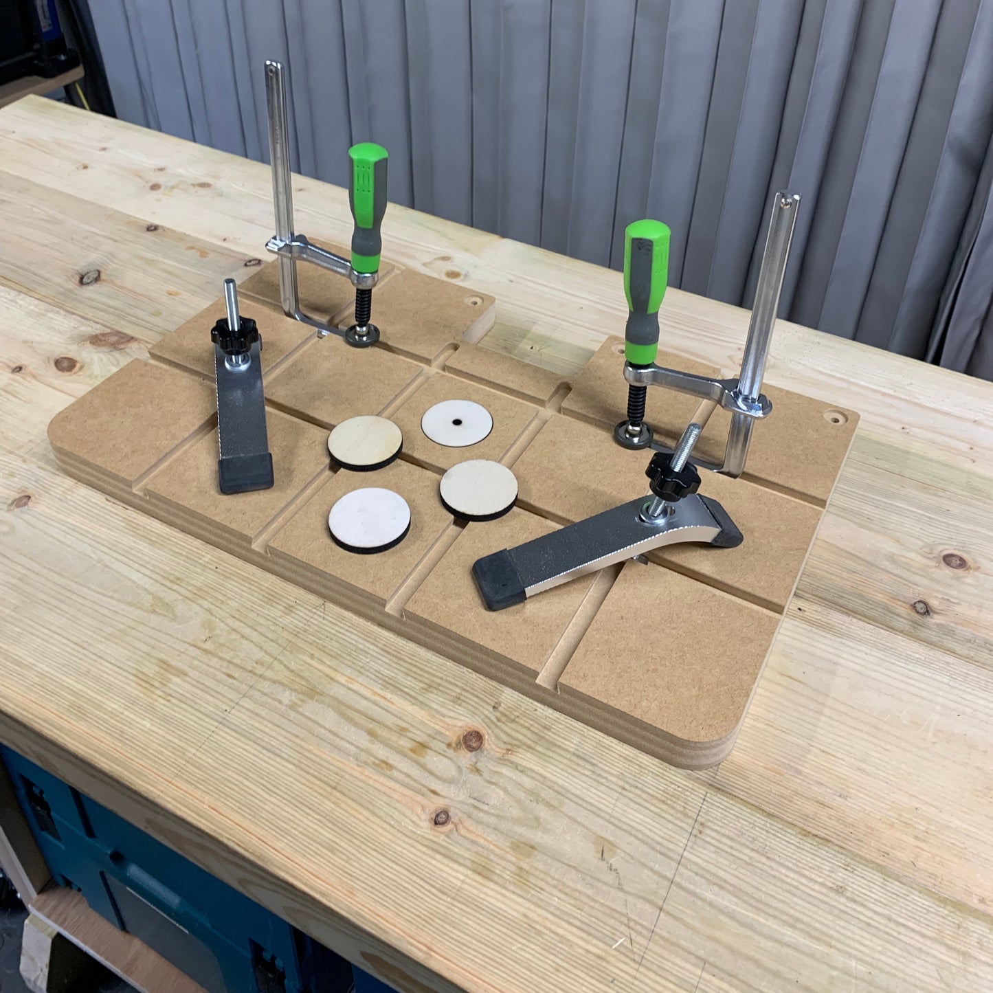 HDS Drill Table Top Elite Pack contents – table top, two green standard clamps, two low profile clamps and zero clearance insert pack – Whaley Woodworks