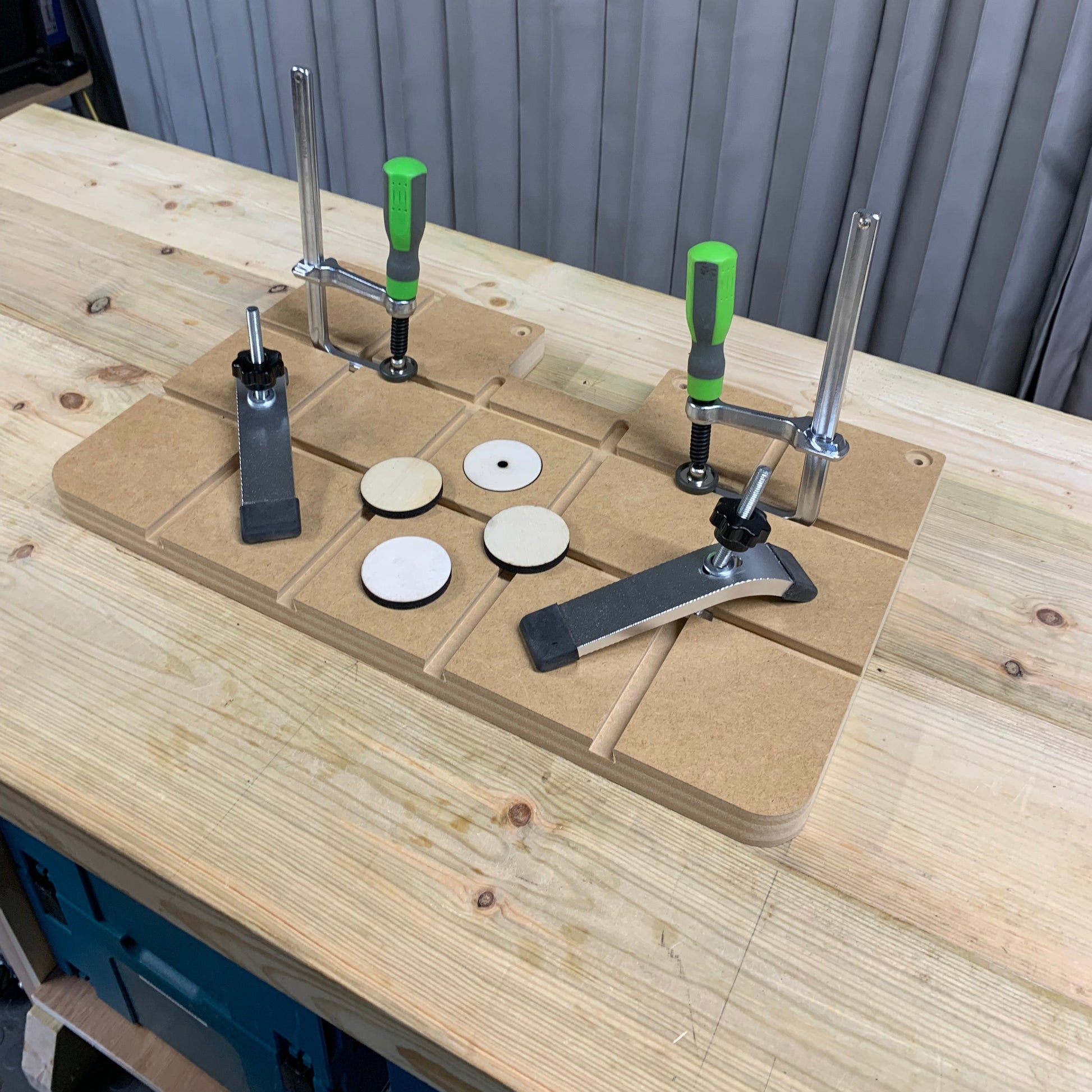 HDS Drill Table Top Elite Pack contents – table top, two green standard clamps, two low profile clamps and zero clearance insert pack – Whaley Woodworks