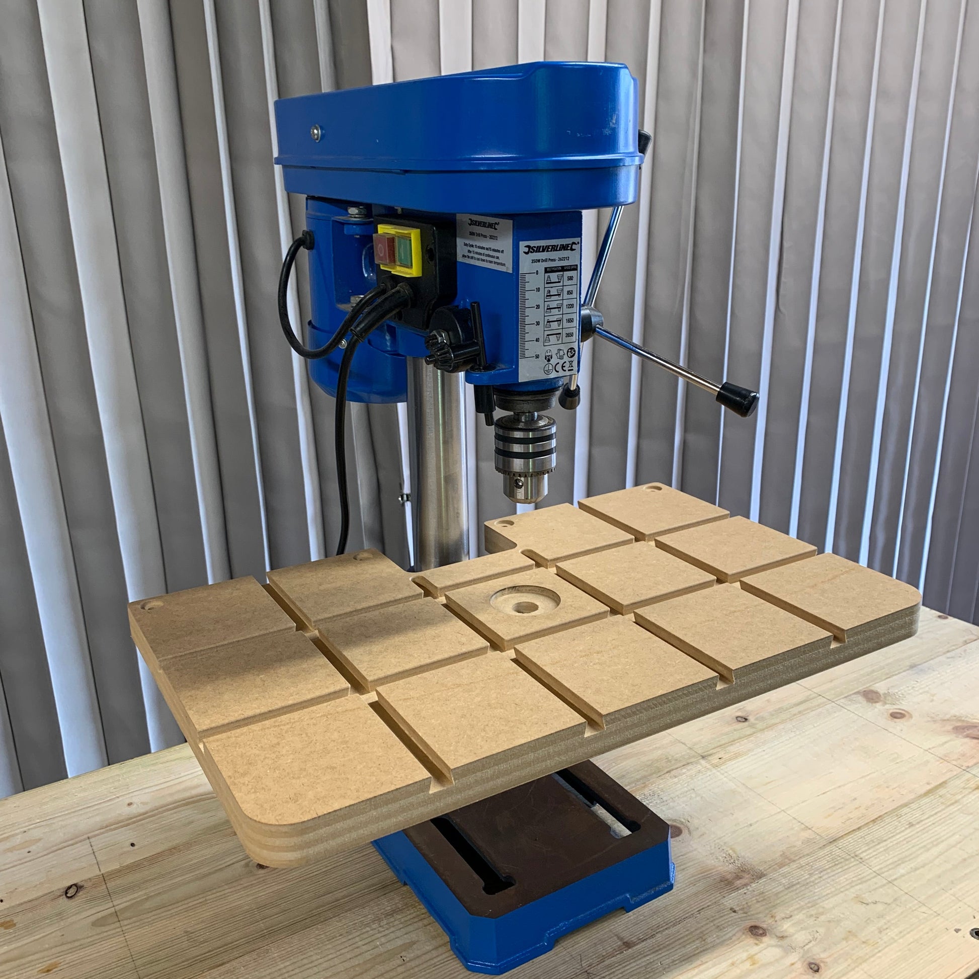 HDS Drill Table Top Starter Pack fitted on pillar drill with Low Profile Track Clamps securing workpiece – Whaley Woodworks