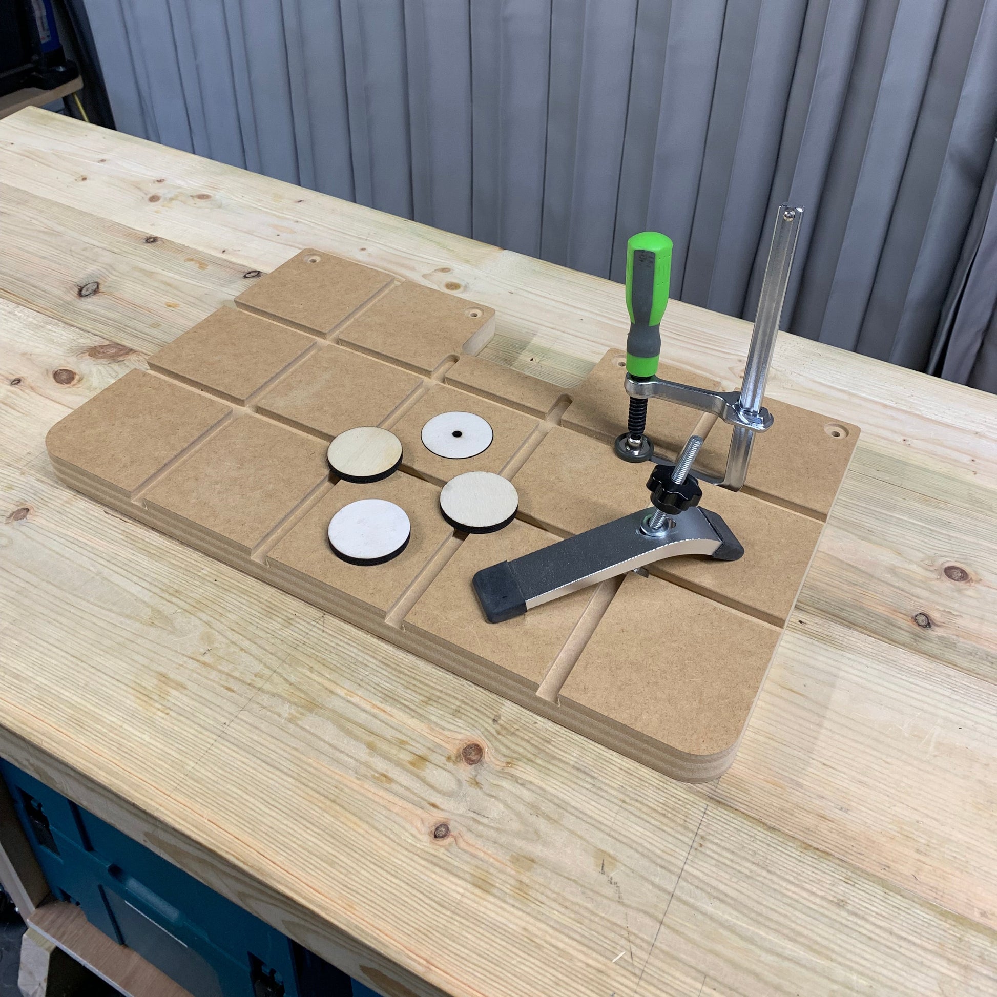 HDS Drill Table Top Premium Pack contents – table top, green standard clamp, low profile clamp and zero clearance insert pack – Whaley Woodworks