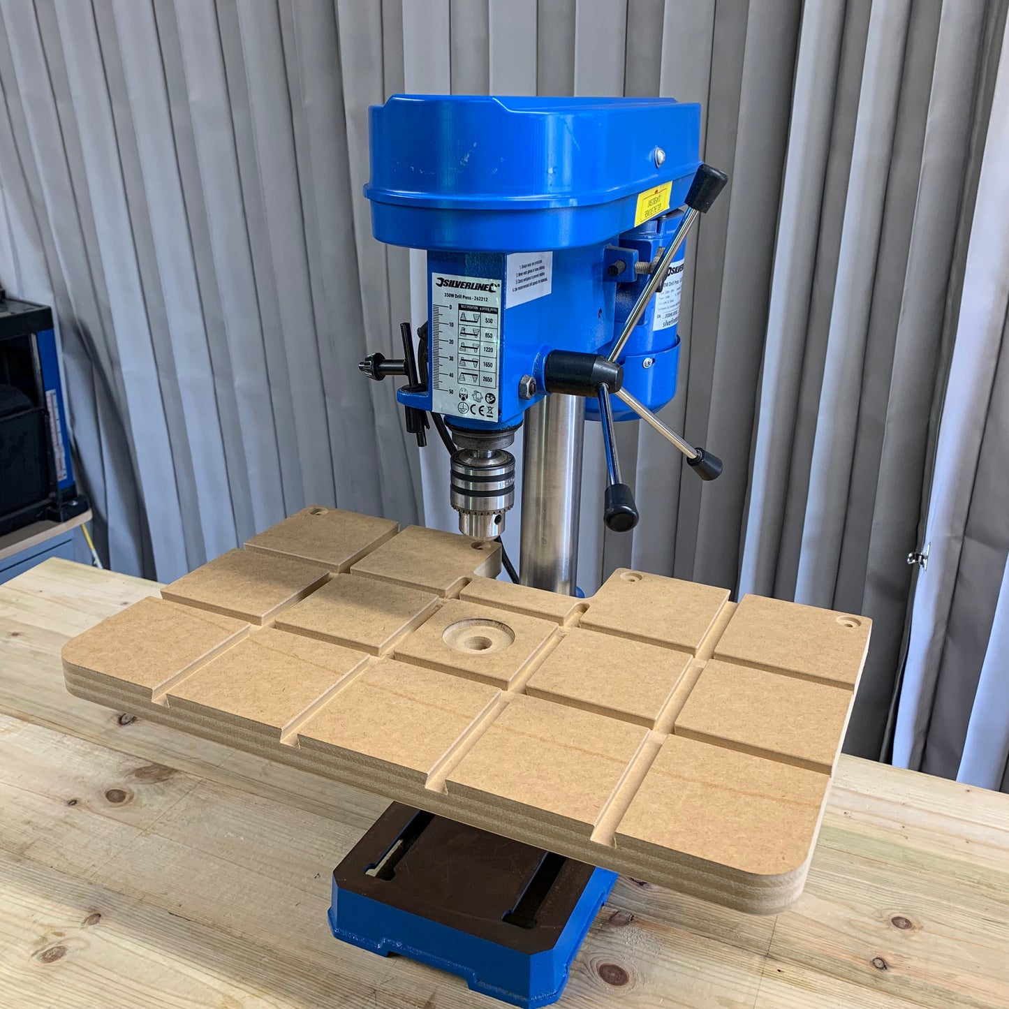 HDS Drill Table Top Premium Pack fitted on pillar drill with Green and Low Profile clamps securing workpiece – Whaley Woodworks