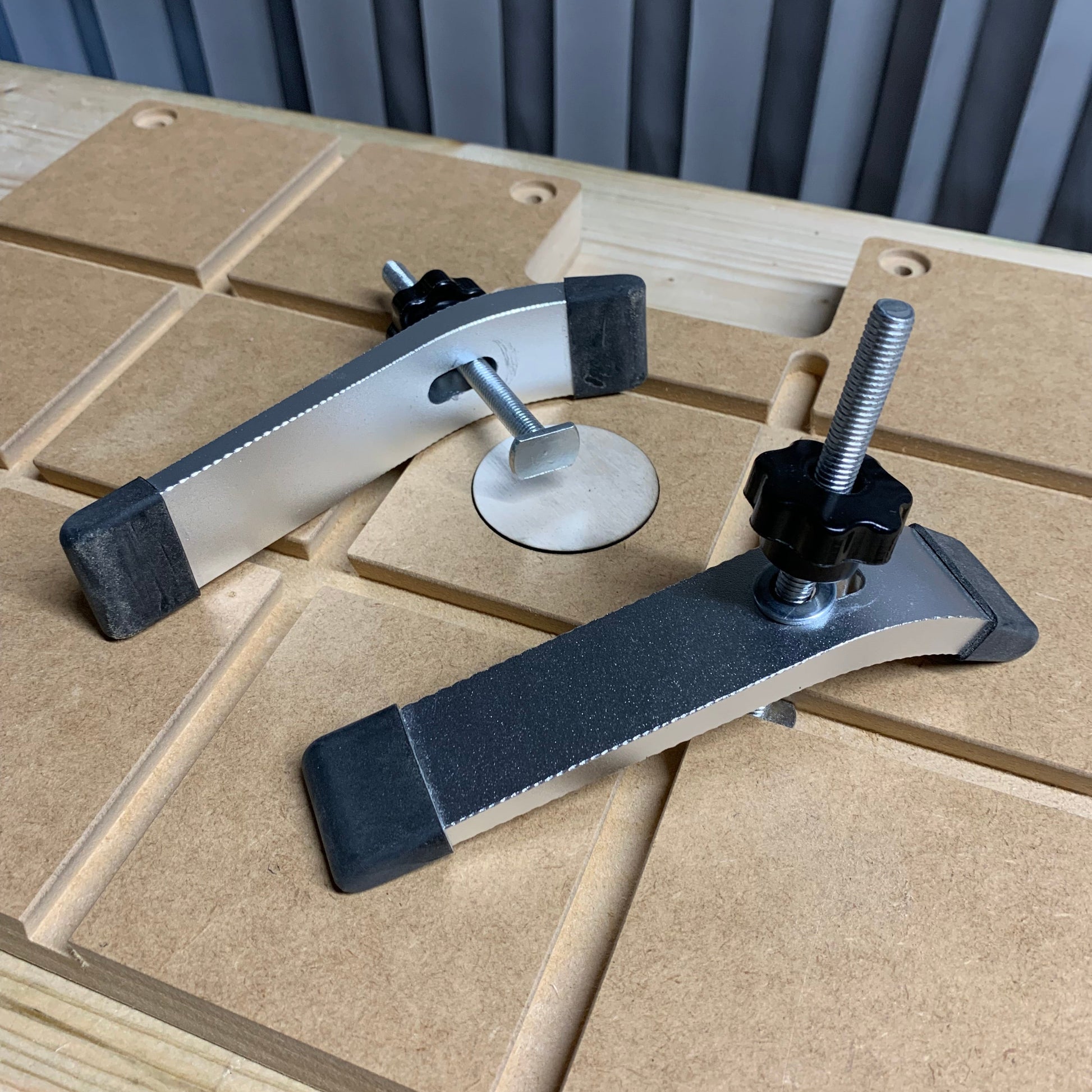 HDS Low Profile Track Clamp securing workpiece on HDS Portable Workbench – Whaley Woodworks