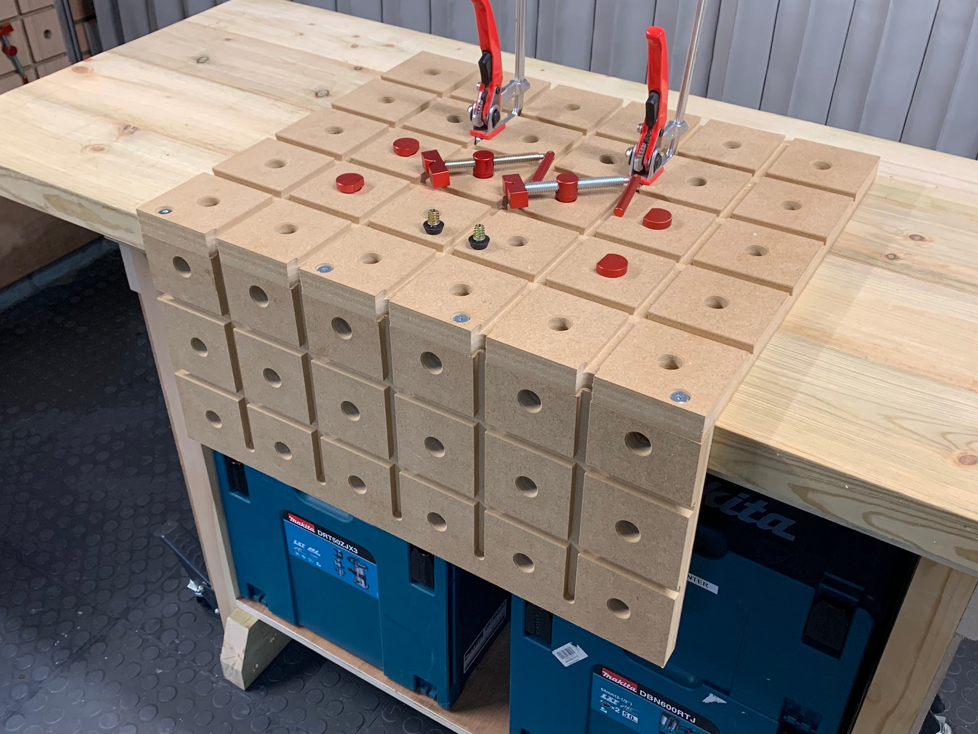 HDS hold down system portable Woodworks bench with clamps and bench dog accessories