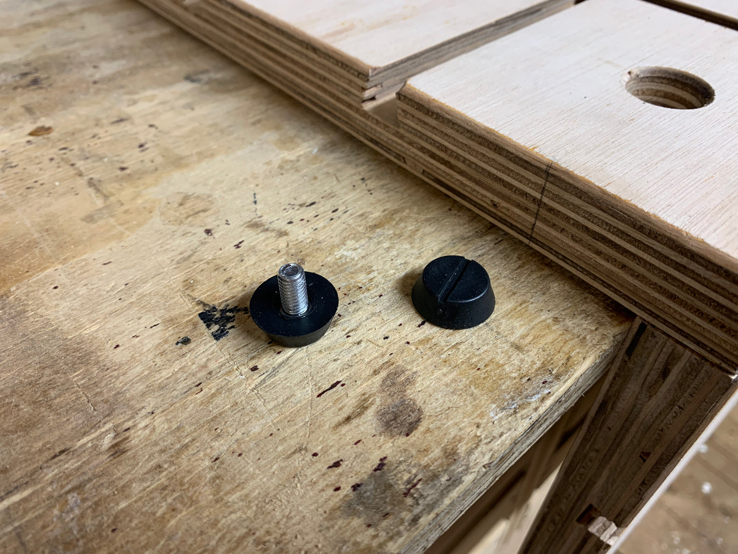 A workbench which has the HDS anti slip plugs inserted into it