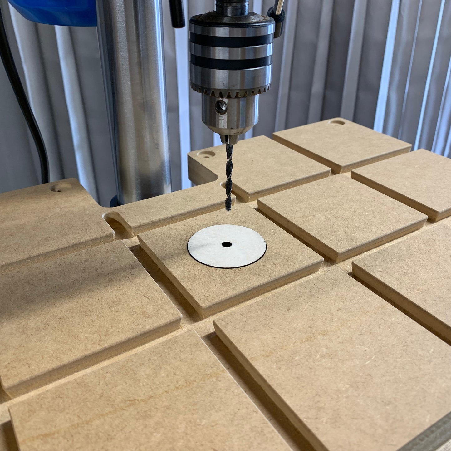 HDS Drill Table Top fitted on pillar drill with clamping slots and zero clearance insert – Whaley Woodworks