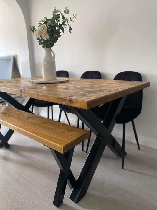 Rustic Farmhouse Dining Table and Matching Benches with Cross X Legs - Oak Finish