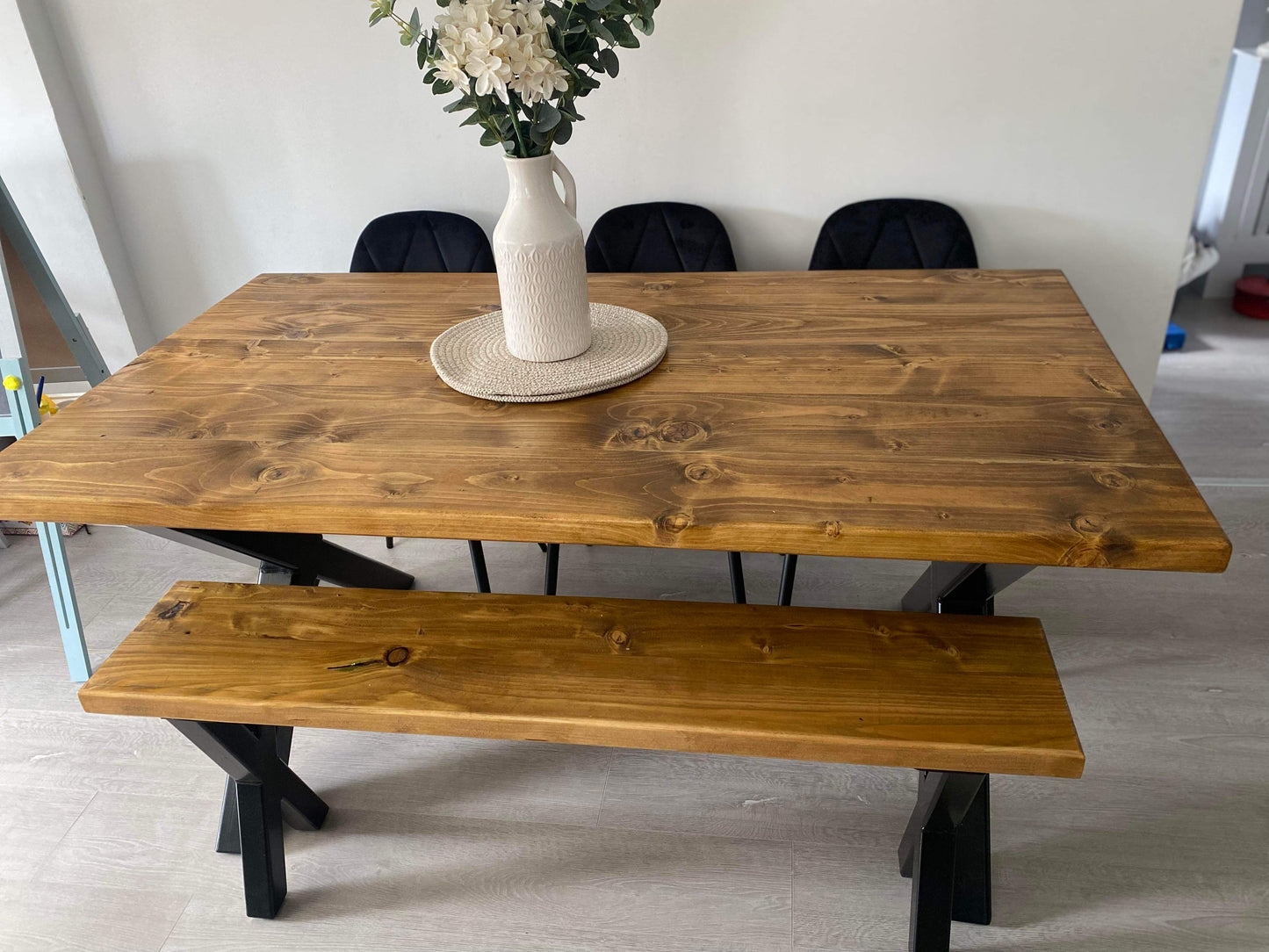 Rustic Farmhouse Dining Table and Matching Benches with Cross X Legs - Oak Finish