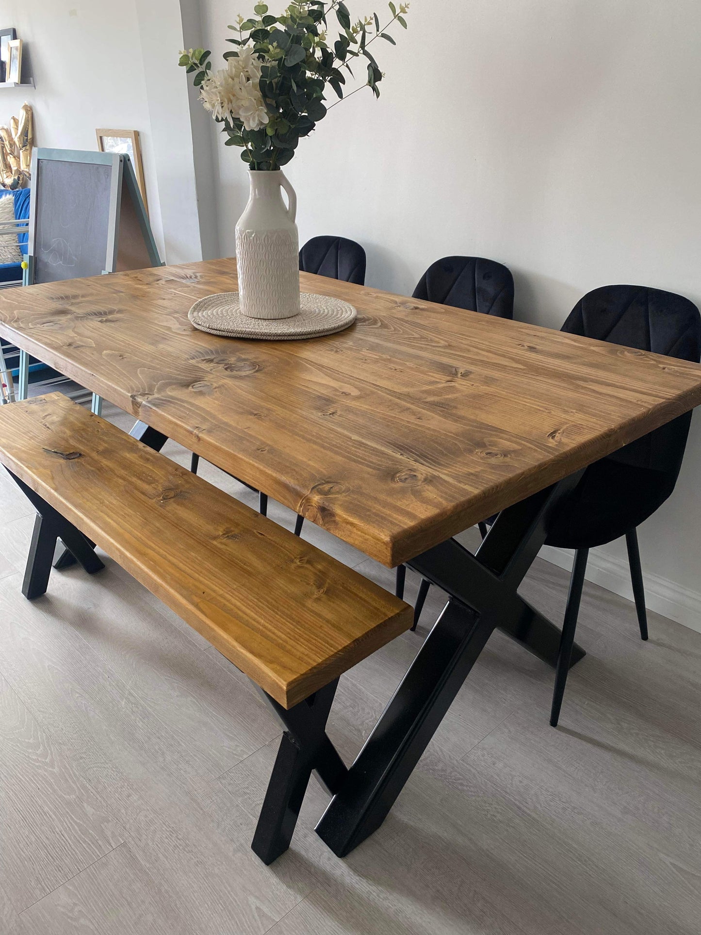 Rustic Farmhouse Dining Table and Matching Benches with Cross X Legs - Oak Finish