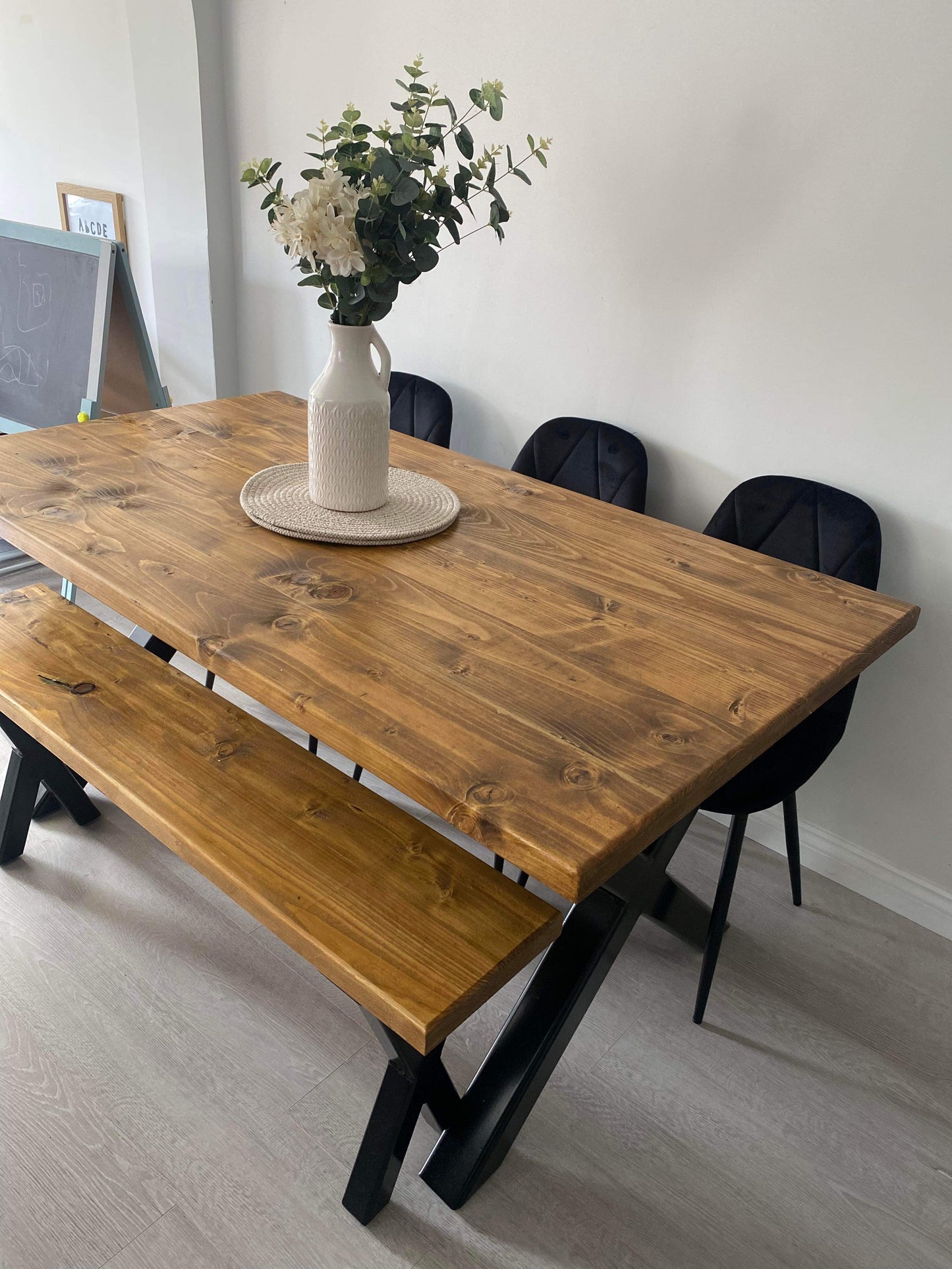 Rustic Farmhouse Dining Table and Matching Benches with Cross X Legs - Oak Finish