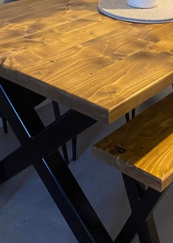 Rustic Farmhouse Dining Table and Matching Benches with Cross X Legs - Oak Finish