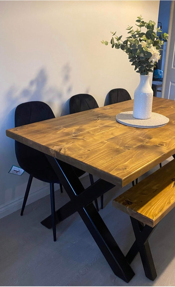 Rustic Farmhouse Dining Table and Matching Benches with Cross X Legs - Oak Finish