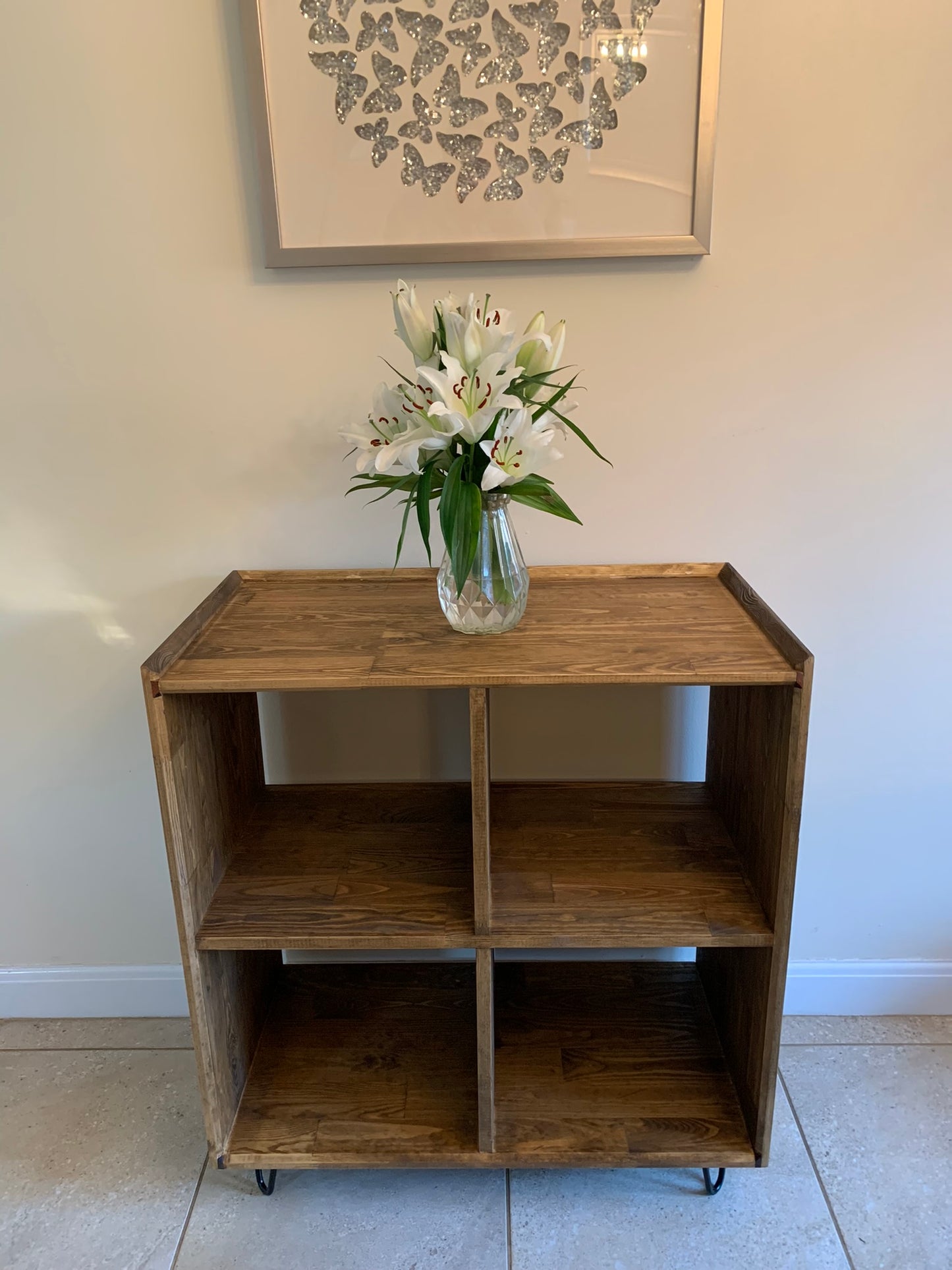 Turntable Stand Shelving Unit in Dark Oak with Hairpin Legs