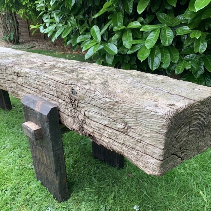 Dark oak sleeper bench close-up in garden, pressure-treated timber