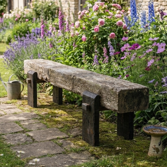 Handmade dark oak sleeper bench legs in garden with flowers, Whaley Woodworks
