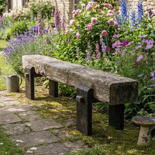 Handmade dark oak sleeper bench legs in garden with flowers, Whaley Woodworks