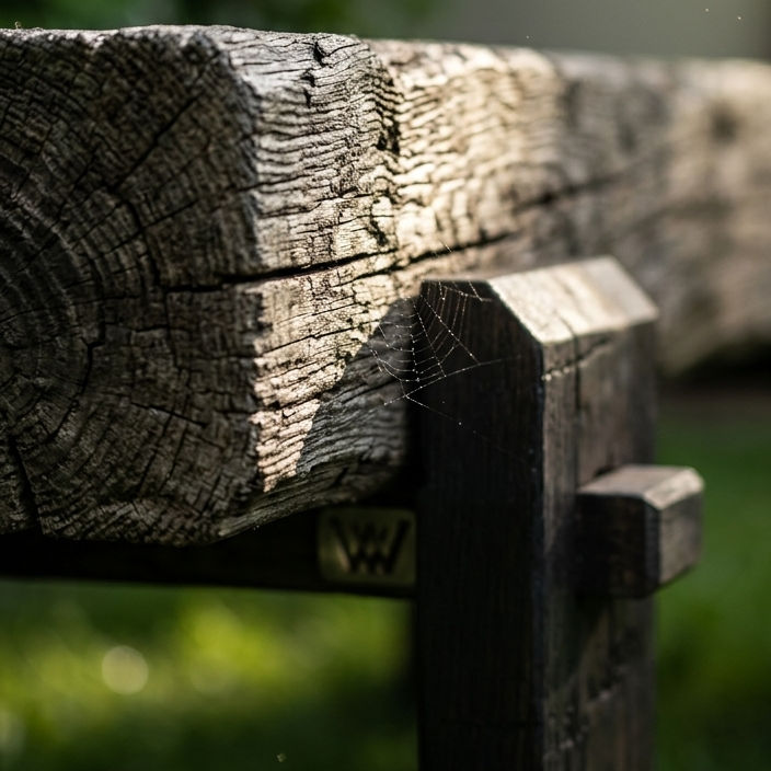 Dark oak bench legs close-up, handmade finish detail