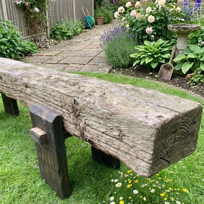 Sleeper bench in a garden with a brick building and flowers in the background