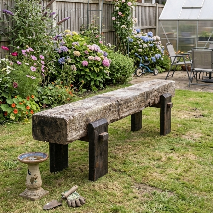 Garden sleeper bench legs in situ, flowers and house in background